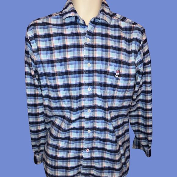 Psycho Bunny Navy Plaid Button Up Flannel Shirt Size Large - Picture 2 of 5